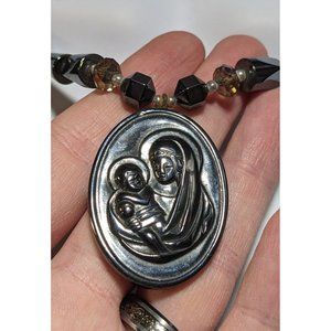 Virgin Mary Hematite Beaded Necklace